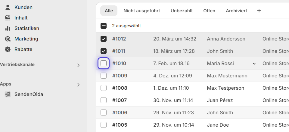 Bestellungen auswählen