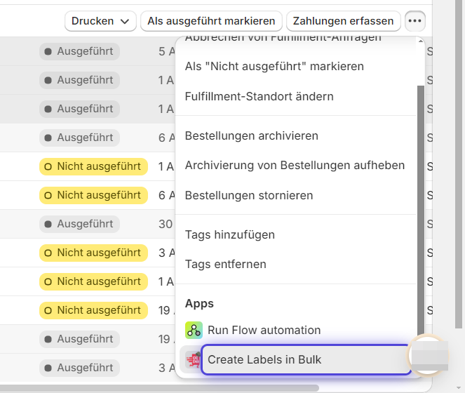 Create Labels in Bulk auswählen